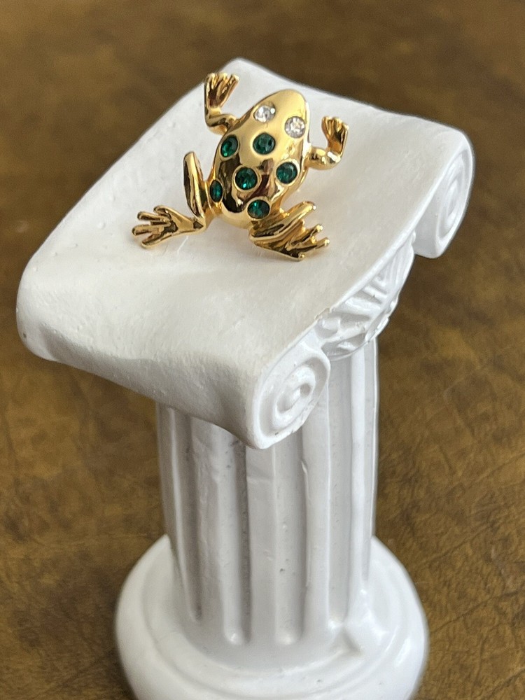 Avon Frog Tac Pin Gold Tone White and Green Rhinestone 1994 Vtg Brooch