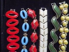 Lot of 6 1950’s Thermoset Bracelets Red, Blue, Green, White & Yellow