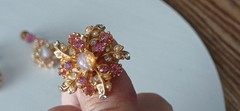 WOW Vintage Faux Pearl Pink Fire Opal Rhineston Brooch Pin & Screwback Earrings