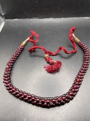 Vtg Almandine Garnet Bead Necklace Woven Rope Boho w Fabric Cord