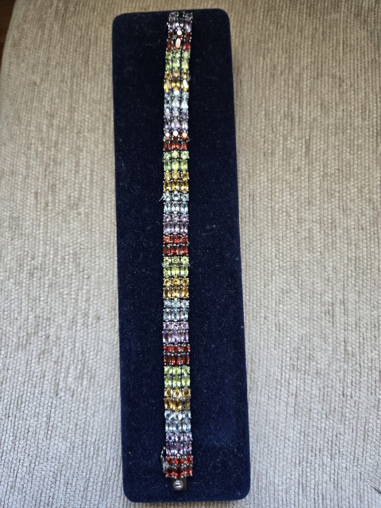 Vintage Sterling Silver Multi Gemstone Triple Row Tennis Bracelet 925 Thailand