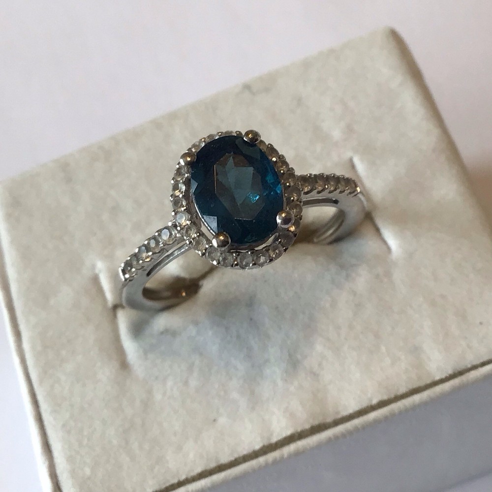 BEAUTIFUL STERLING SILVER LONDON BLUE TOPAZ HALO RING SIZE 6.75
