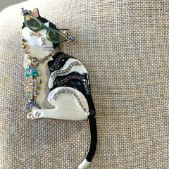 Lunch At The Ritz Cat Brooch Pendant Enamel Rhinestone Sunglasses Fish Charm Vtg