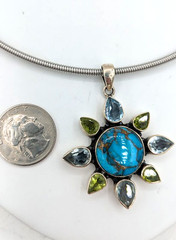 Vintage Turquoise Peridot Blue Topaz Sun Pendant Sterling Silver chain 17