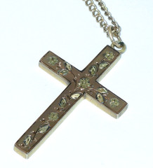 Mid Victorian English Cut & Applied 10K Rose & Green Gold Top Cross~HFB Co Chain
