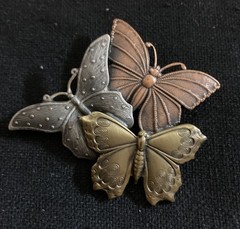 Unique 3 Metal Butterfly Brooch Copper, Gold and Silver Tones 2.5″ x 2″