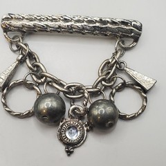 3 Brooches: Tribal Peacock Feather Clay Mask, RITZ Pewter Face, Bar W/ Charms