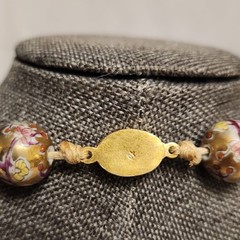 Vintage Chinese Cloisonné Bead Necklace – Pink & Blue Floral on Gold – 26″ L