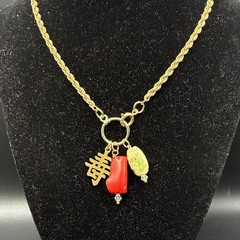 Custom Vintage Charm Trio, Vtg Gold Plated Chain Necklace, Coral, Chinese Symbol