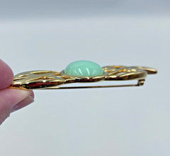 Vintage Monet Brooch Pin Mint Green Cabochon Gold Tone Leaf Signed 1970s 1980s