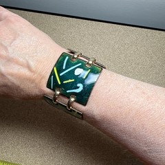 Vintage MCM Bracelet Enamel on Copper 1.75″ Wide 4 Panel Modern Green Artisan