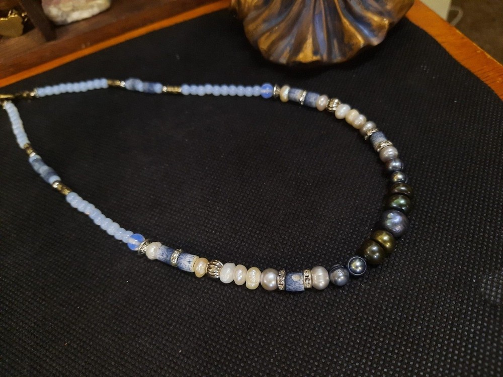 Handcrafted Bohemian Necklace with Freshwater Pearl, Opalite, & Blue Coral