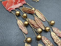 Vintage Lady Face Egyptian Revival Red Huge Waterfall Fringe Dangle Necklace 18”