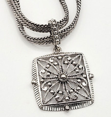 Napier Two Chain with Square Floral Filigree Ornate Silver Tone Pendant Necklace
