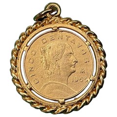 Vintage 1963 Mexico 5 Centavos Josefa Coin Pendant – Gold-Tone Rope Bezel