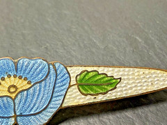 ANTIQUE BLUE WHITE GREEN GUILLOCHE FLORAL 2.5″ BAR BROOCH N389