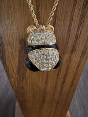 Vintage Panda Rhinestone Hinged Pendant Necklace Hidden Lucky Charm Gold Tone