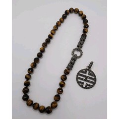 Tigers Eye Marcasite Convertible Bead Necklace Vintage Asian Inspired Charm Boho