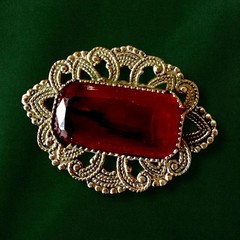 Antique Victorian Brooch Pin Red Glass Silver Tone C Clasp Filigree