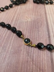 Vintage Made in Austria Black Glass Faceted Bead Necklace 56″ Hand Knotted