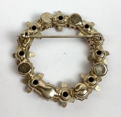 Vintage Gold-Tone, Red Rhinestone & White Enamel Circular Brooch 1.5″ Diameter