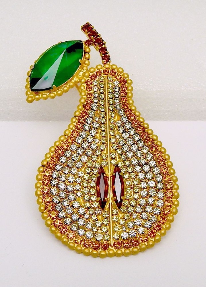 Marty Dan Rhinestone Pear Pin Brooch Huge! 3.5 Inches Tall Free Ship