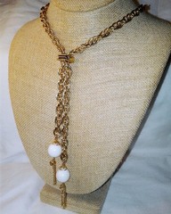 Vintage 1960’s White Lucite Bead Lariat Necklace Gold Plated Tassel Sautoir MCM