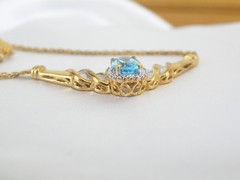 14K Gold on Sterling Silver 925 Natural Heated Blue Topaz Diamond Necklace 18″