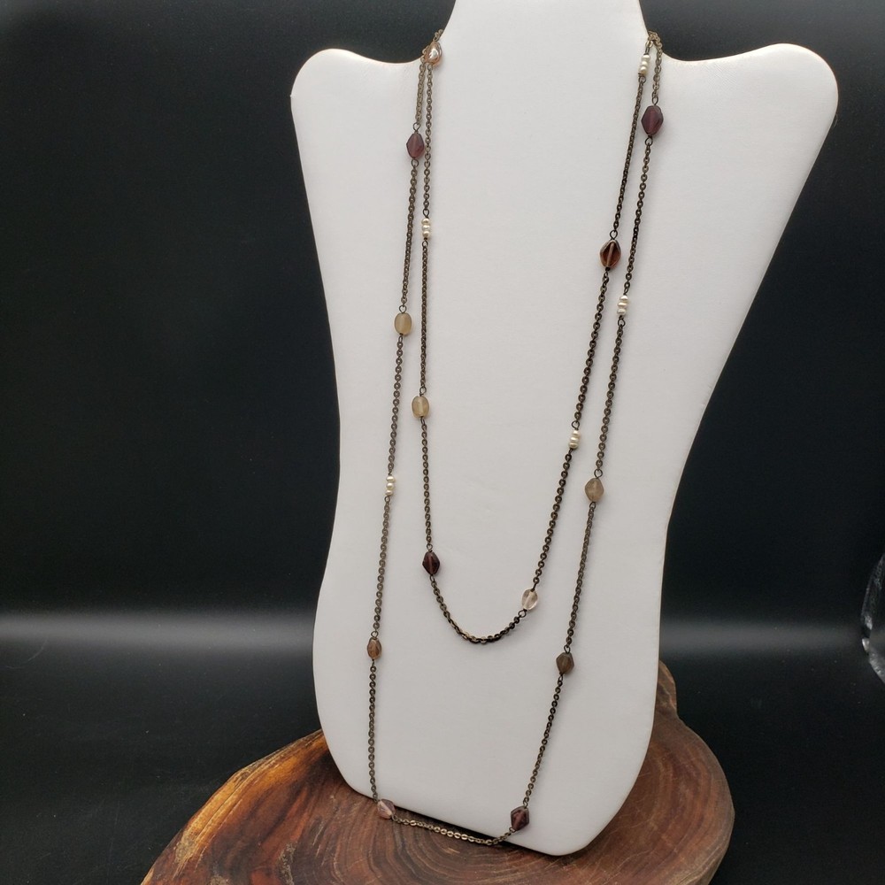 58″ Long Bronze-Tone Chain Necklace – Mixed Glass Beads, No Clasp, Boho Vintage
