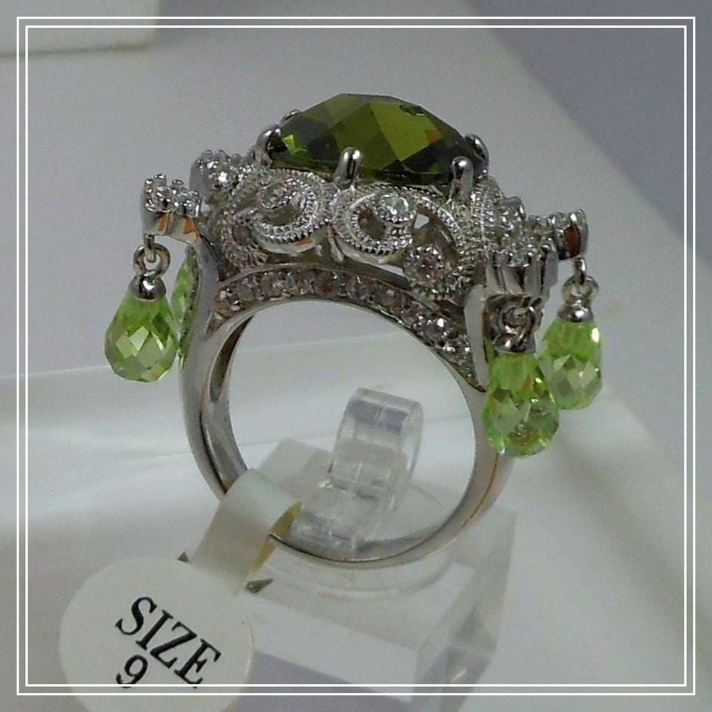 Vintage Sterling Silver Glamour Cocktail Ring Sim Peridot Briolette Drops Size 9