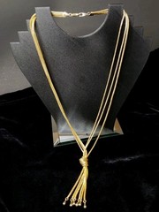 Vtg Silky Gold Tone Lariat Knot Tassel Chain Fringe Necklace Triple Strand 23 In