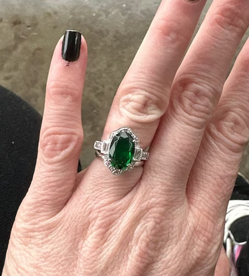 Art Deco Style 3.50 Ct Oval Green Emerald Halo Engagement 14K White Gold FN Ring