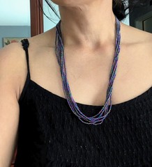 Natural Nepal Glass Seed Bead Multi Strand Necklace. Iridescent Peacock Blue 22″