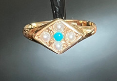 1873 Victorian Turquoise Seed Pearl 15k Gold Ring Birmingham Size 6.5+/- not 14k