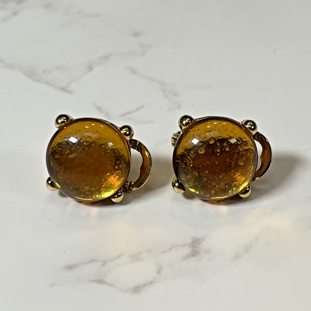 Vintage Monet Round Gold Tone Setting & Gold Amber Cabochons Clip on Earrings