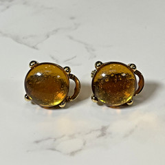 Vintage Monet Round Gold Tone Setting & Gold Amber Cabochons Clip on Earrings