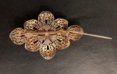 Vintage Rose Brooch Filigree Flower Floral Cut Out Prongs Leaf Peach Coral Pin