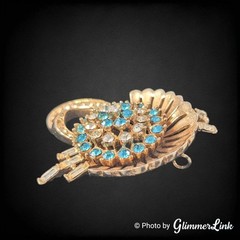 Vintage Anthony Aqua Blue & Clear Rhinestone Fan Spray Gold Tone Brooch