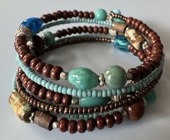 Vintage Brown & Blue Glass Seed & Wooden Bead Wrap Bracelet Fits All