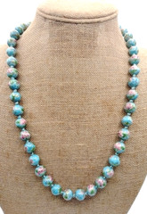 Vintage Hand Painted Faux Cloisonne Porcelain Bead Knotted Necklace Blue 25″