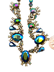 1966 Hollycraft Peacock Blue Iridescent Rhinestone Necklace, Bracelet & Earring