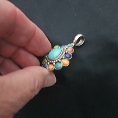 925 Sterling Silver Vintage Pendant Cabochon Gemstone tear drop Cluster signed