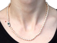 Single Strand Pearl Necklace with Sapphire, Diamond and 12k White Gold Clasp