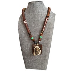 Vintage Handmade Artisan Wood Glass Brass Tribal Mask Beaded Leather Necklace