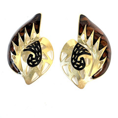 Vintage 80s Edgar Berebi Earrings Goldtone Brown Enamel Shell Statement 2 1/2″