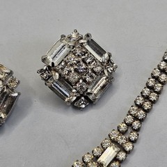 Vintage Art Deco Rhinestone Necklace Earrings Set Clear Baguette Pave Lot 15″