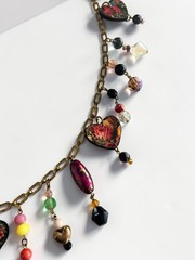 Vintage Artisan Charm Necklace Floral Hearts Crystal Beads Boho 30-32.5”