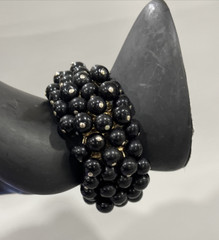 Glass Bead Expandable Bracelet Black Round Cha Cha Dangle Gold Tone Japan Capri