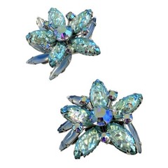 Vintage Judy Lee Blue Iridescent Glass Floral Clip Earrings AB Rhinestone 1960s