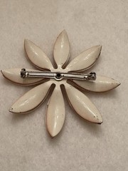 Vintage Mod Flower Brooch Pin Orange Yellow Faux Pearl Center 2.5in